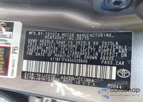 2016 Toyota Camry Le z USA, uszkodzony, nr VIN 4T1BF1FK8GU509046